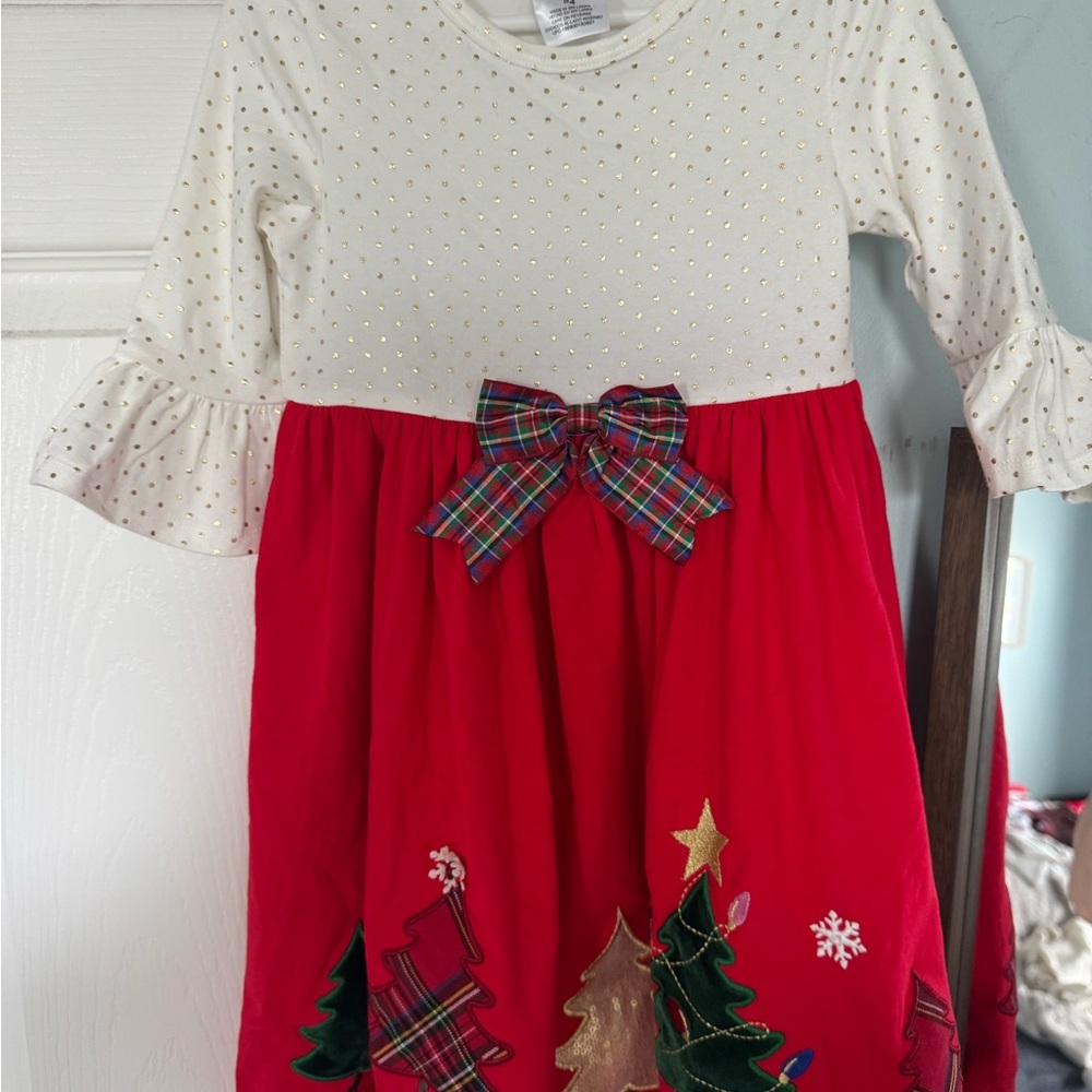 Bonnie Jean Red and White Holiday Dress with Plaid Bow